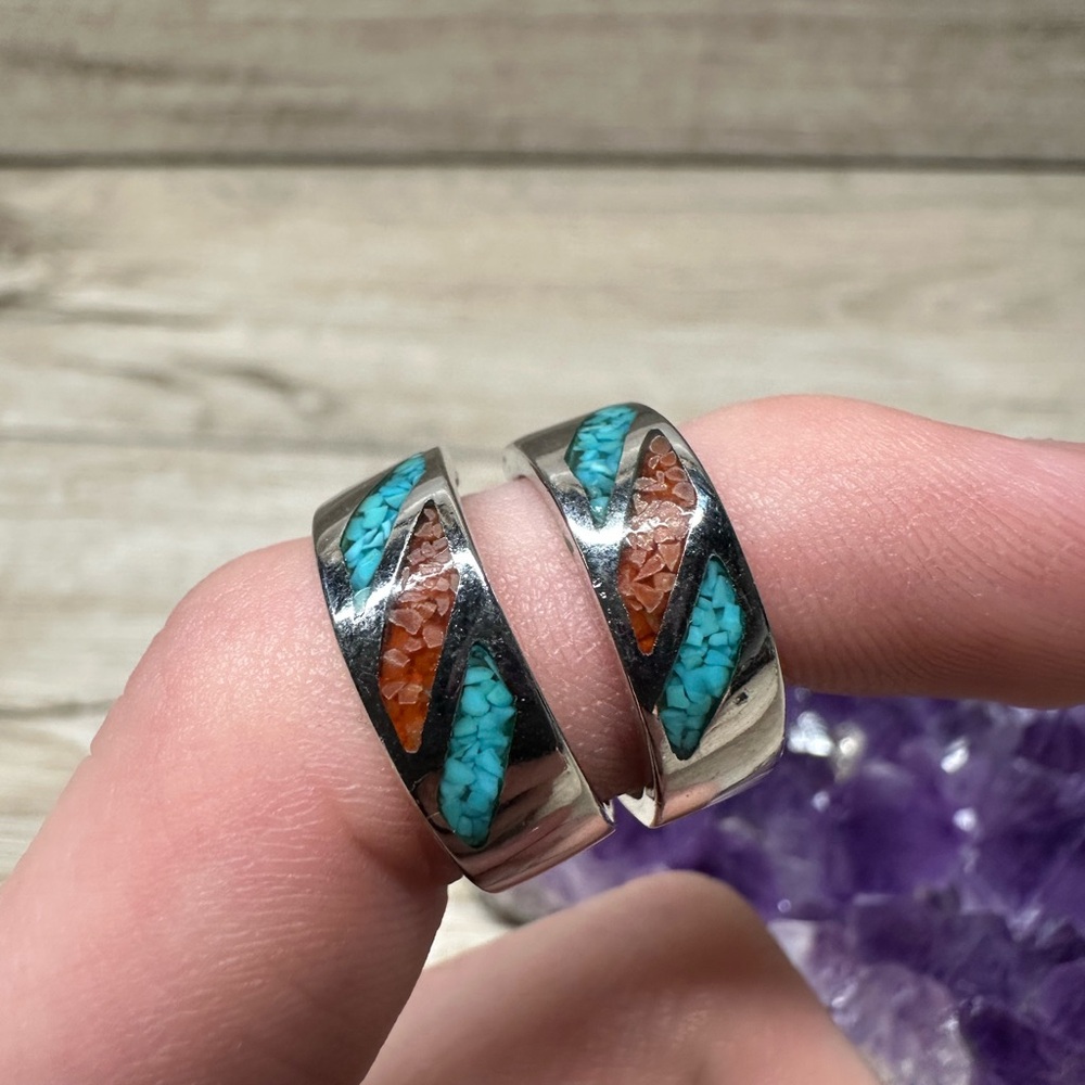 Silver Turquoise‎ and Orange Inlay Earrings